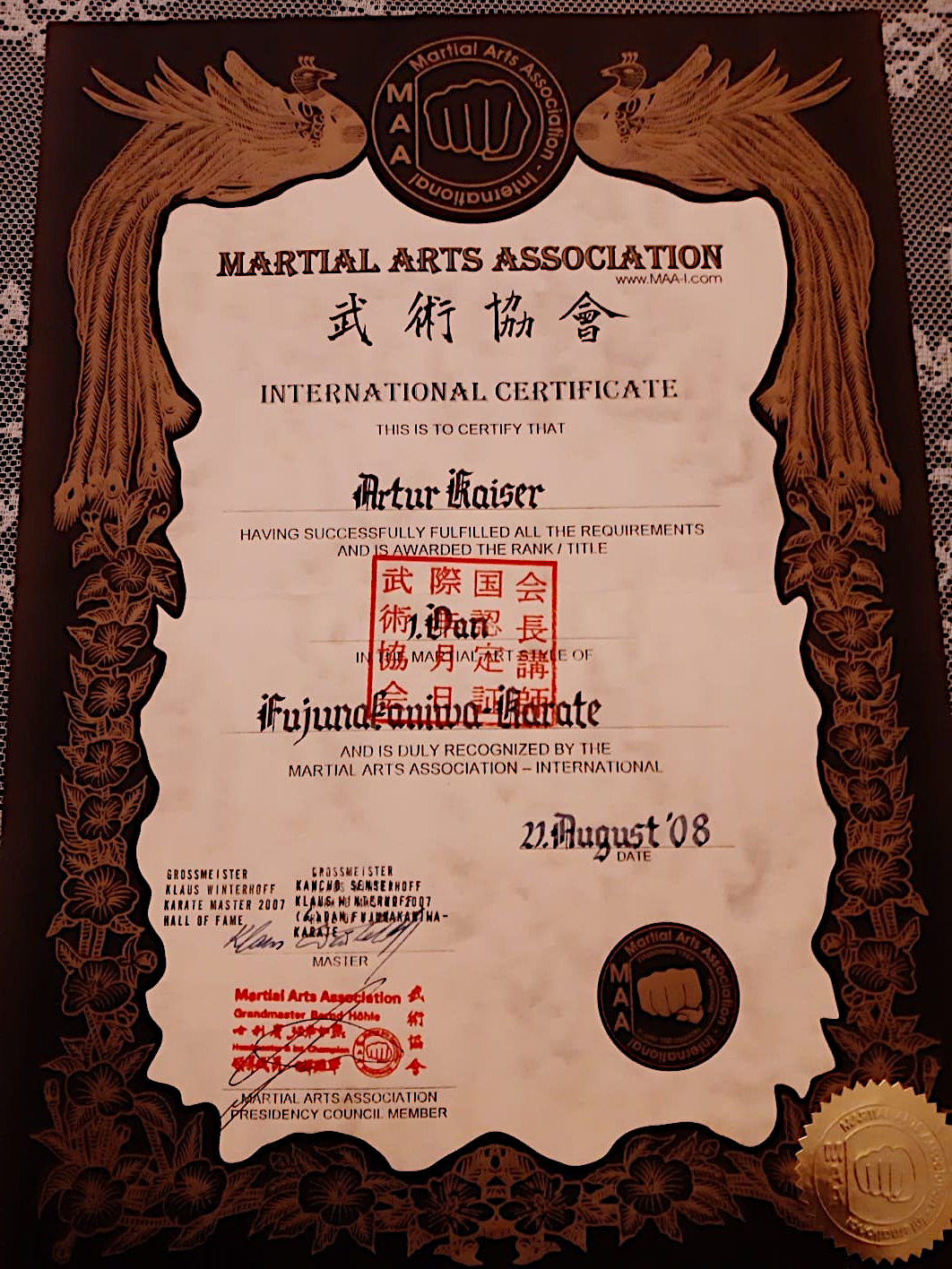 Bild von der Material Arts Assocation 1.Darn für Artur                       Kaiser in Fujunakaniwa- Karate