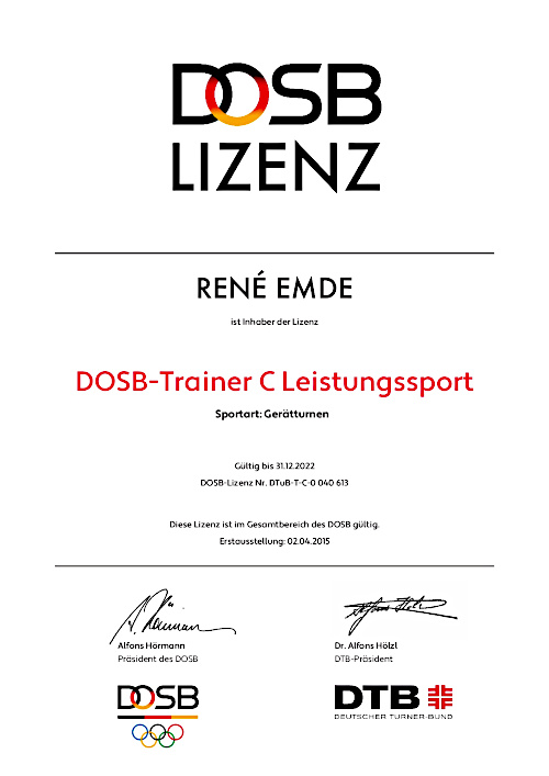 Bild DOSB Trainerlizenz Leistungsport, Sportart: Leistungsturnen René Emde