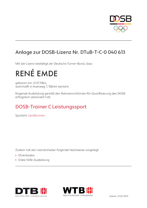 Bild Anlage DOSB Trainerlizenz Leistungsport, Sportart: Leistungsturnen René Emde