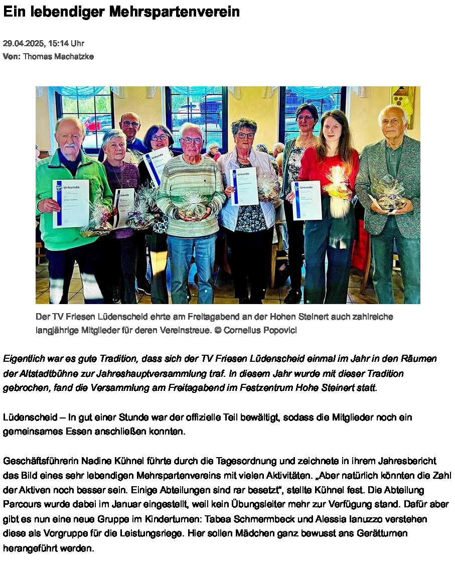 Jahreshauptversammlung TV Friesen Lüdenscheid vom 25.04.2025