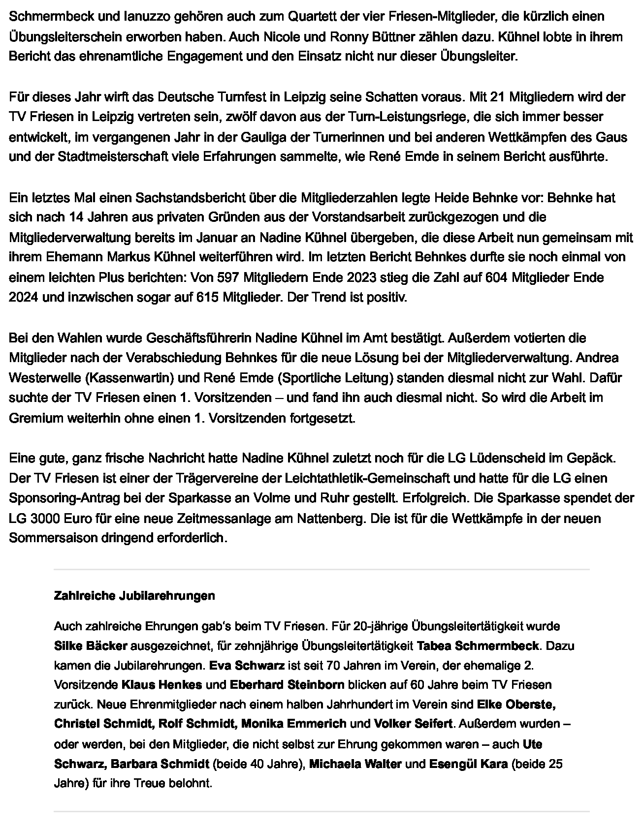 Jahreshauptversammlung TV Friesen Lüdenscheid vom 25.04.2025